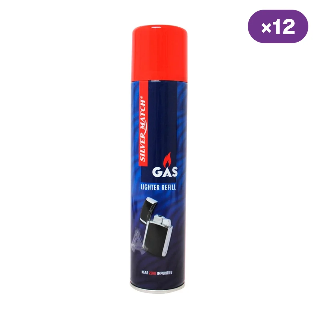 Bote de gas de recarga Silver Match con tapón rojo, etiqueta azul y dibujo de un mechero; distintivo de 12 unidades en la esquina superior.