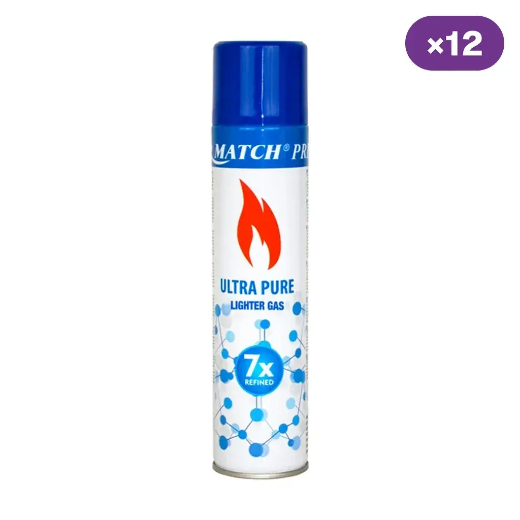 Bote de gas para mecheros con tapón azul, llama roja y textos «Ultra Pure» y «7x Refined», junto a un indicador «×12».