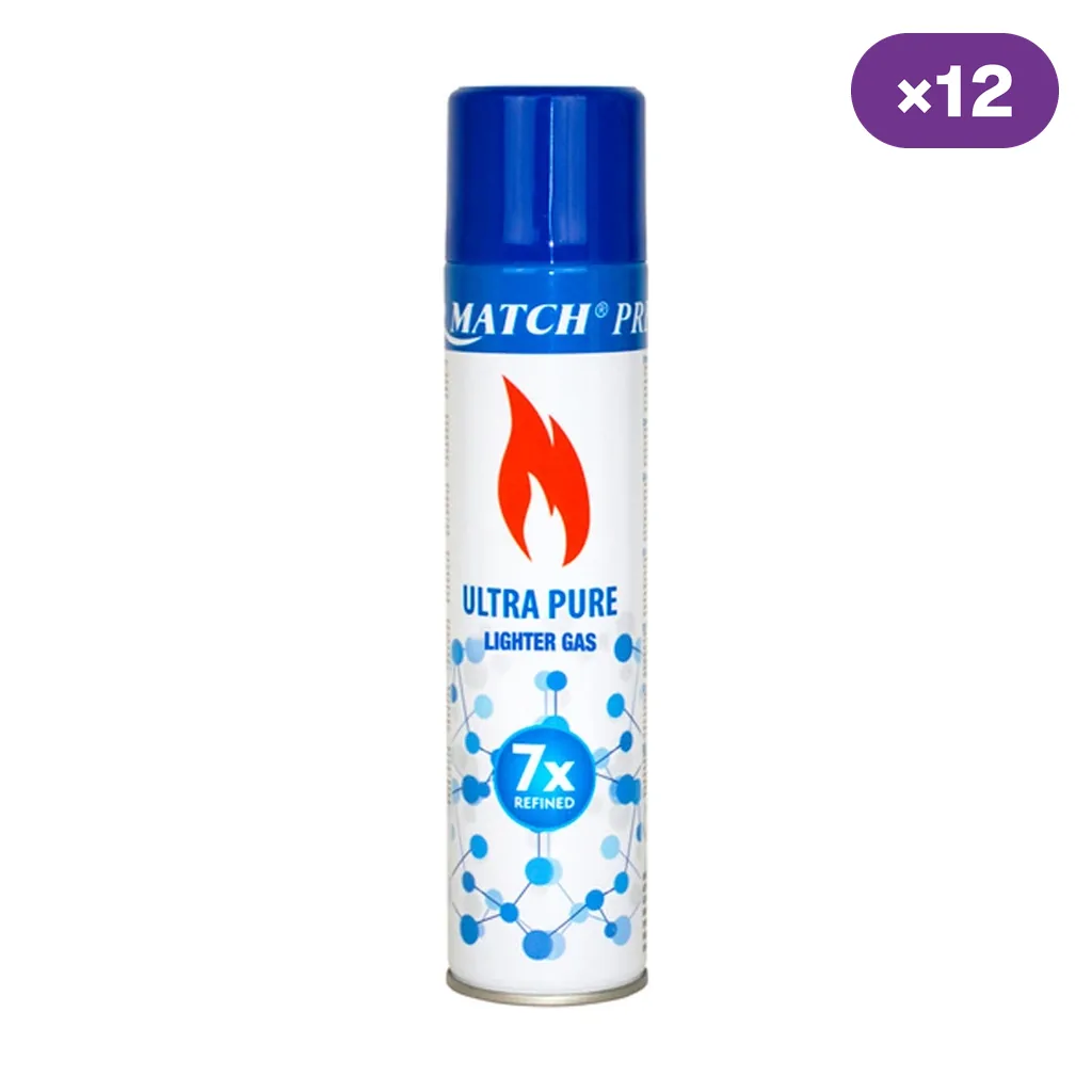 Bote de gas para mecheros con tapón azul, llama roja y textos «Ultra Pure» y «7x Refined», junto a un indicador «×12».