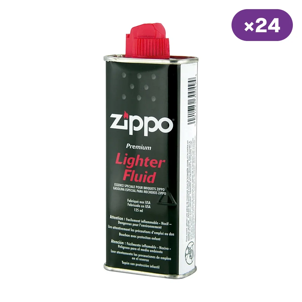 Lata de gasolina Zippo de 125 ml con tapón rojo y etiqueta oscura, sobre fondo blanco con un distintivo de 24 unidades.