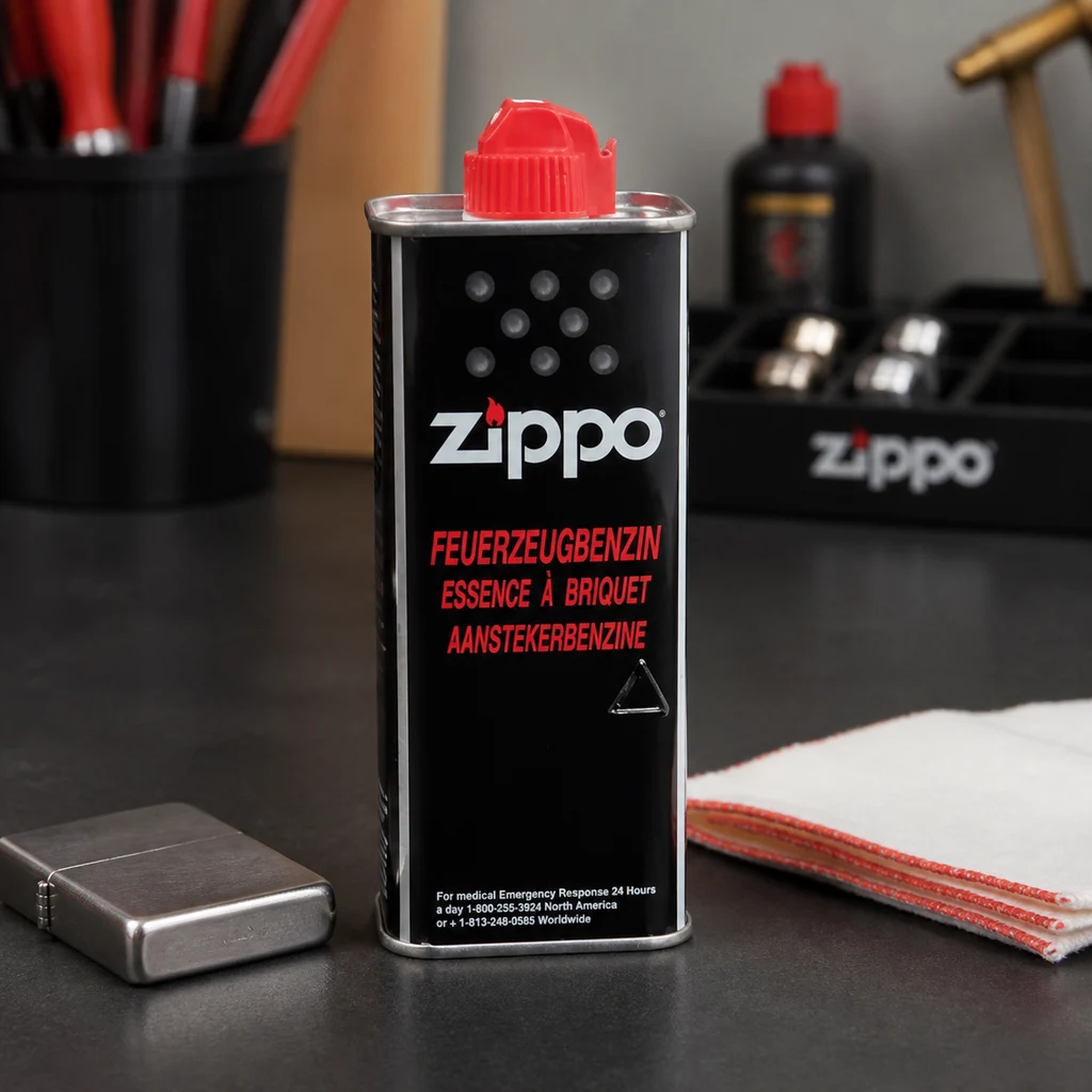 Lata negra de fluido Zippo con tapón rojo y letras blancas y rojas, junto a un mechero metálico cerrado y un paño blanco.