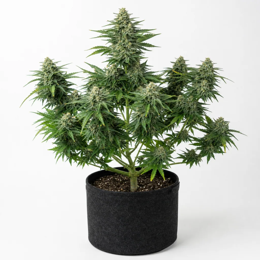 Planta de Geist OG Fast Flowering en floración, con cogollos en las ramas y una punta central alta, en maceta de tela negra sobre fondo blanco.