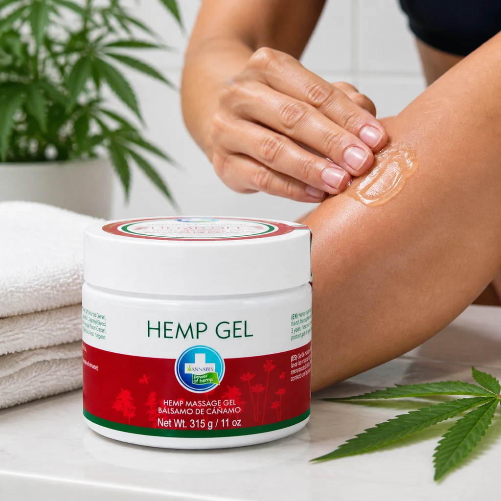 Tarro de gel de cáñamo Hemp Gel junto a una persona que extiende gel sobre el antebrazo, con toallas y hojas verdes alrededor. Tarro de gel de cáñamo Hemp Gel junto a una persona que extiende gel sobre el antebrazo, con toallas y hojas verdes alrededor.