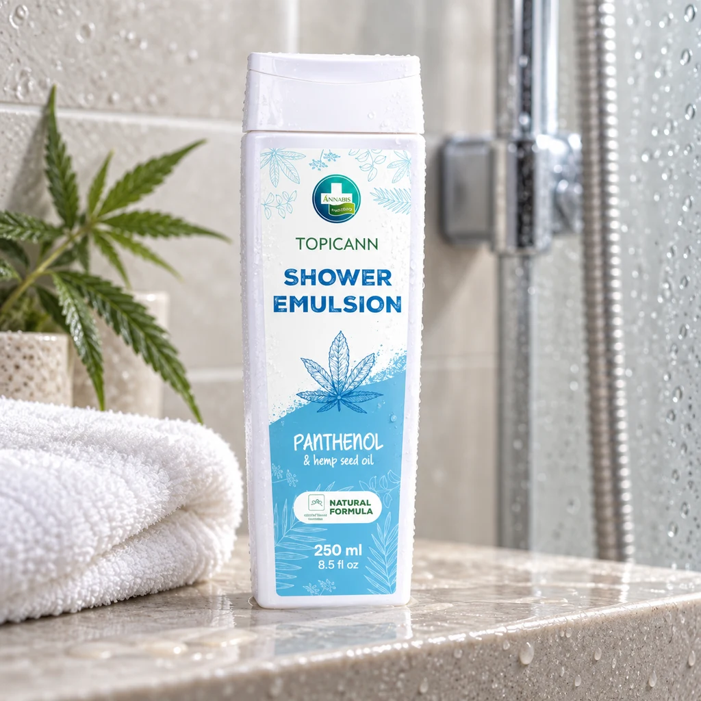 Escena generada de un bote blanco y azul de gel Topicann Annabis de 250 ml sobre una repisa de ducha, junto a una toalla y una planta. Escena generada de un bote blanco y azul de gel Topicann Annabis de 250 ml sobre una repisa de ducha, junto a una toalla y una planta.