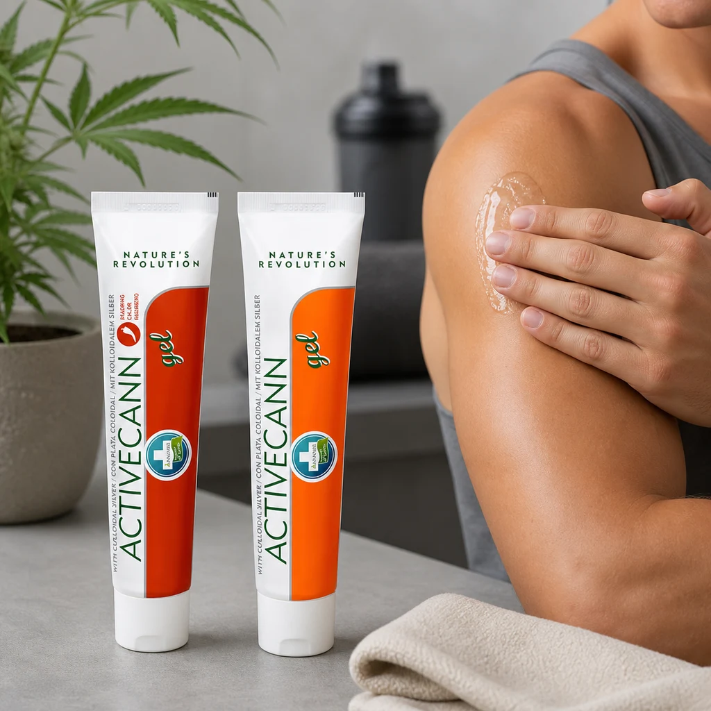 Dos tubos de Activecann Gel junto a una persona que se extiende gel sobre el hombro; al fondo, una planta y un vaso mezclador.