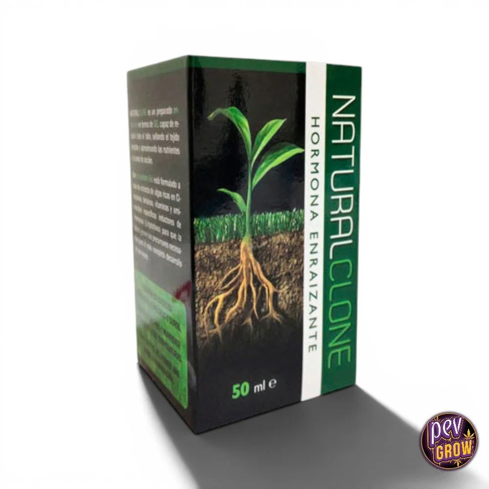 Caja de Natural Clone de 50 ml, con una planta y sus raíces ilustradas y el texto vertical «Hormona enraizante».