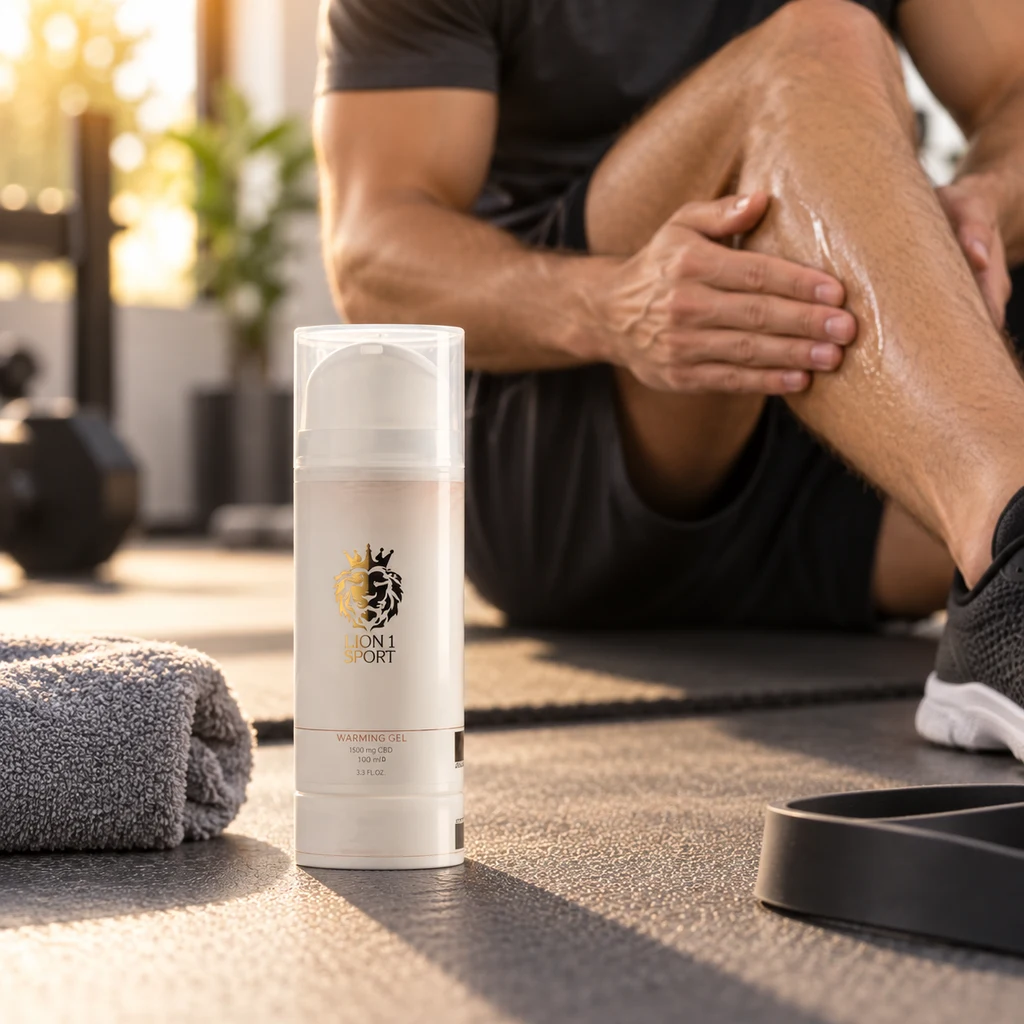 Envase dosificador de gel Lion 1 Sport en primer plano, con una persona extendiendo gel sobre la pierna en un entorno deportivo.