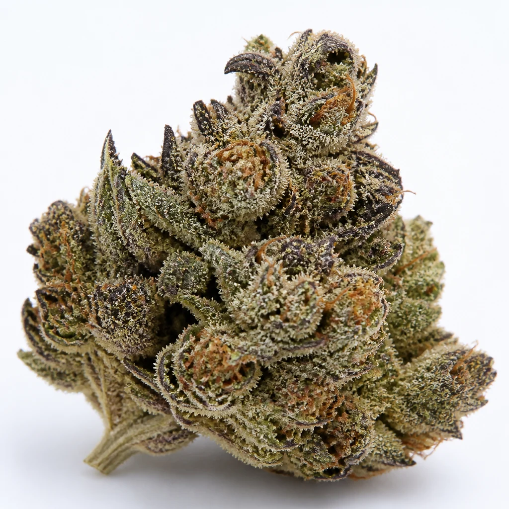 Ilustración de un cogollo con hojas oscuras, filamentos naranjas y superficie blanquecina para la ficha de Gelato 44 Feminizada de Royal Queen Seeds.