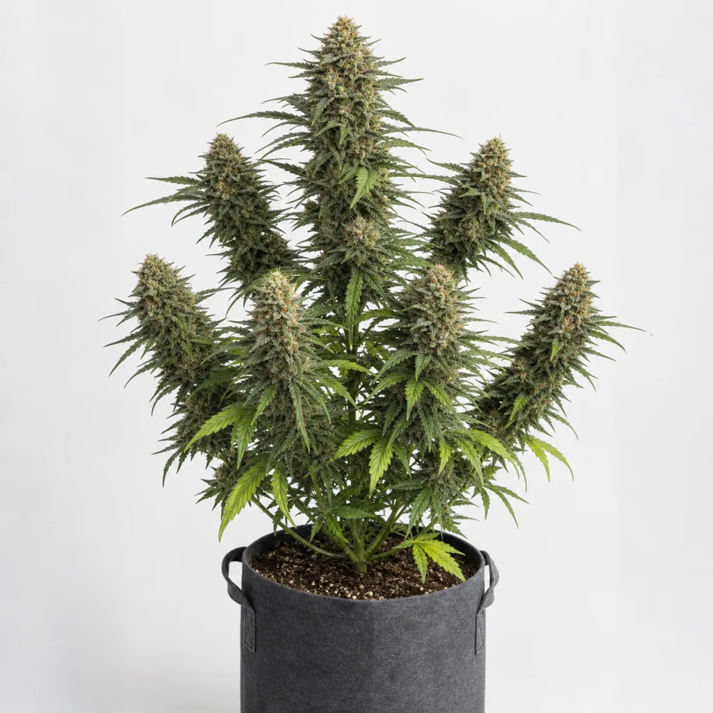 Planta de Gelato Feminizada de Barney's Farm en maceta textil gris, con grandes cogollos y hojas verdes sobre fondo claro.
