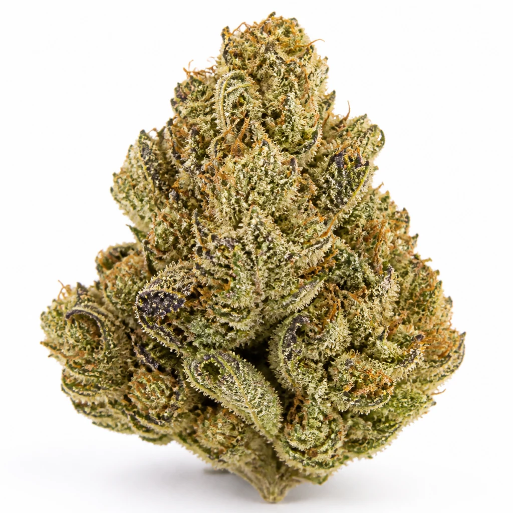 Ilustración de un cogollo verde con hojas violáceas y pistilos anaranjados para la ficha de Gelato Dream Feminizada de Anesia Seeds.