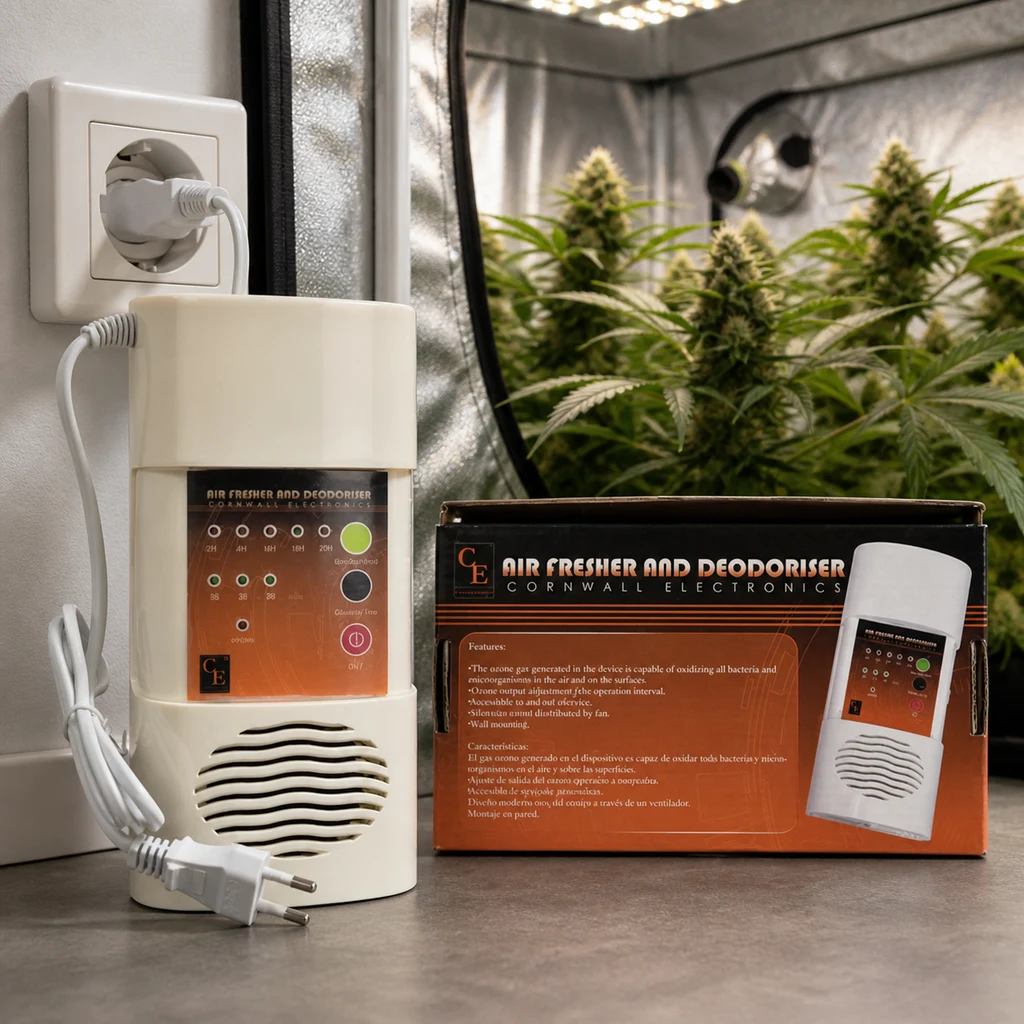Escena generada del generador de ozono Cornwall Electronics blanco junto a su caja, con un armario de cultivo y plantas al fondo.