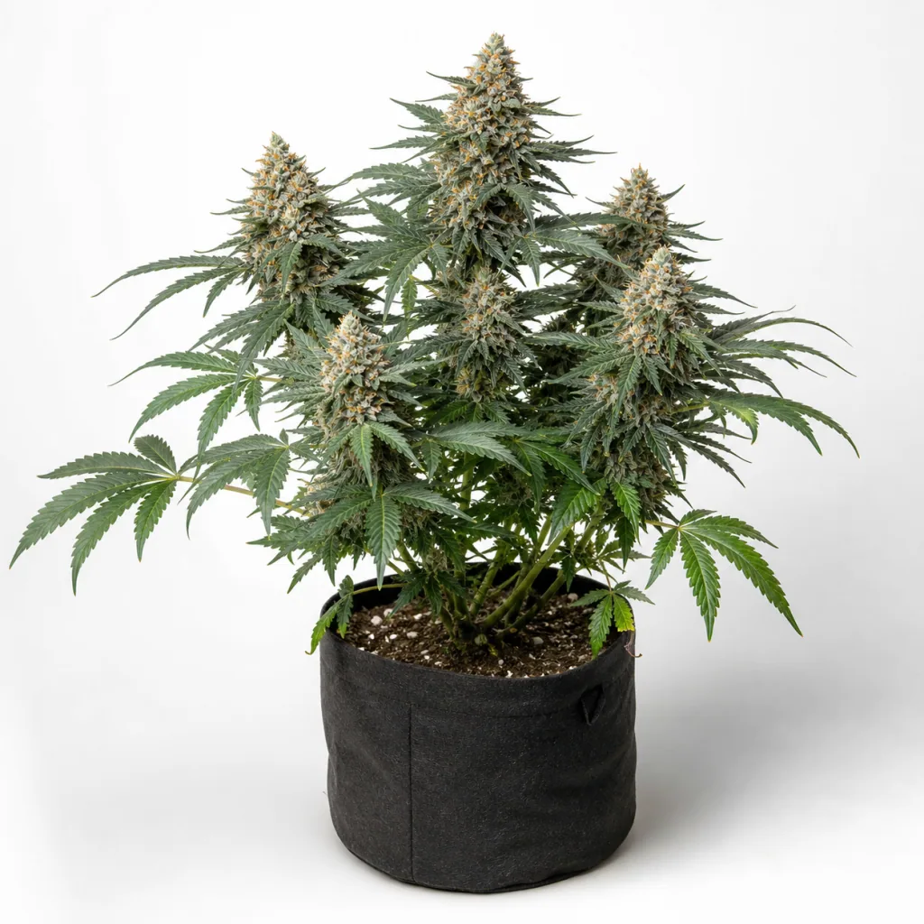 Planta de GG4 Sherbet FF Feminizada en maceta de tela negra, con varios cogollos alargados y hojas verdes sobre fondo blanco.