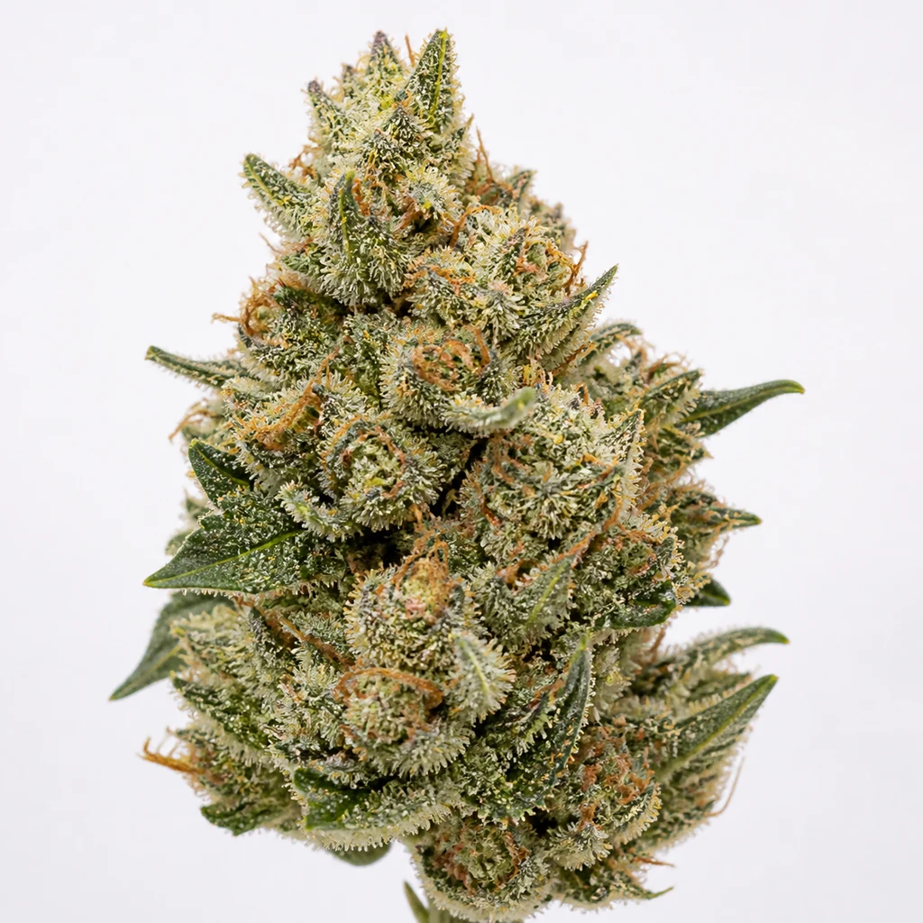 Ilustración de un cogollo verde con filamentos anaranjados y superficie cristalina para la ficha de Ghost Train Auto – Spain Seeds.
