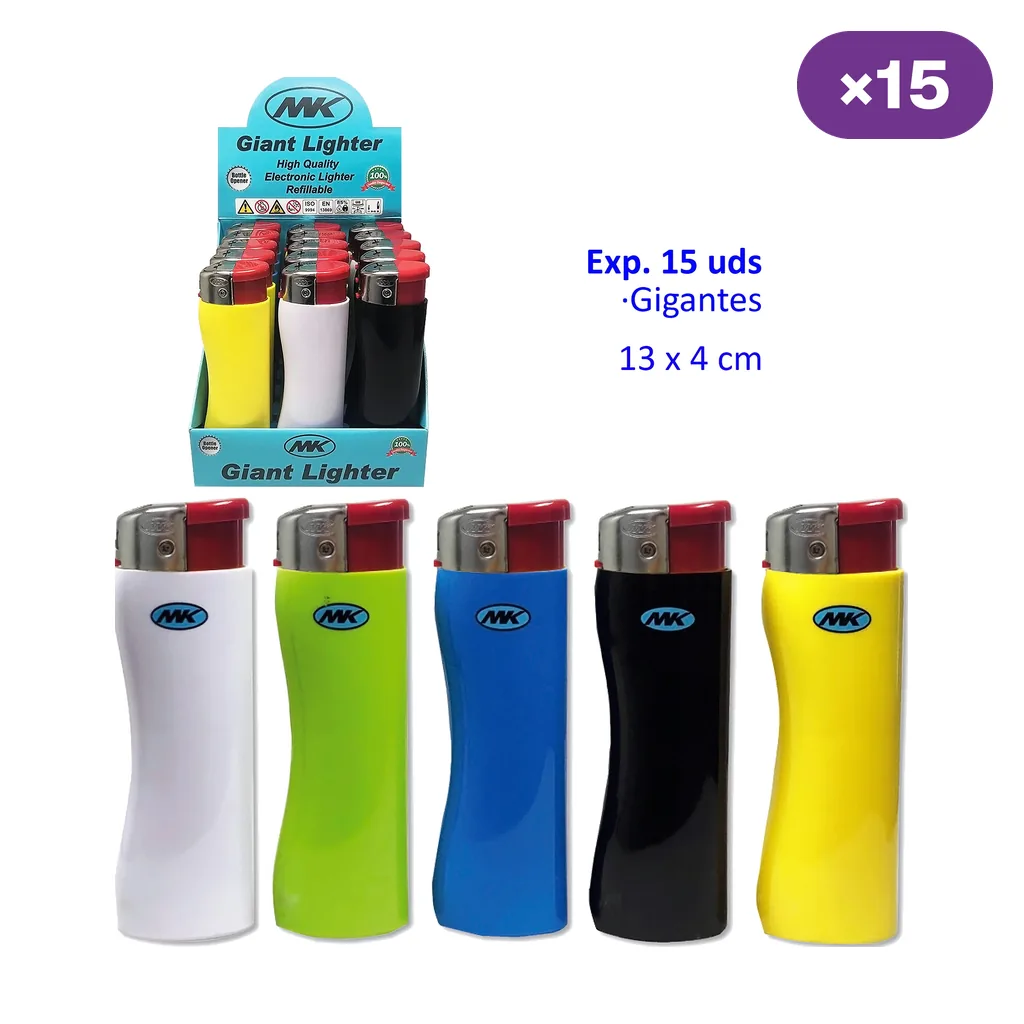 Encendedores Giant MK en blanco, verde, azul, negro y amarillo, con pulsadores rojos y cabezales plateados, junto a una caja expositora.