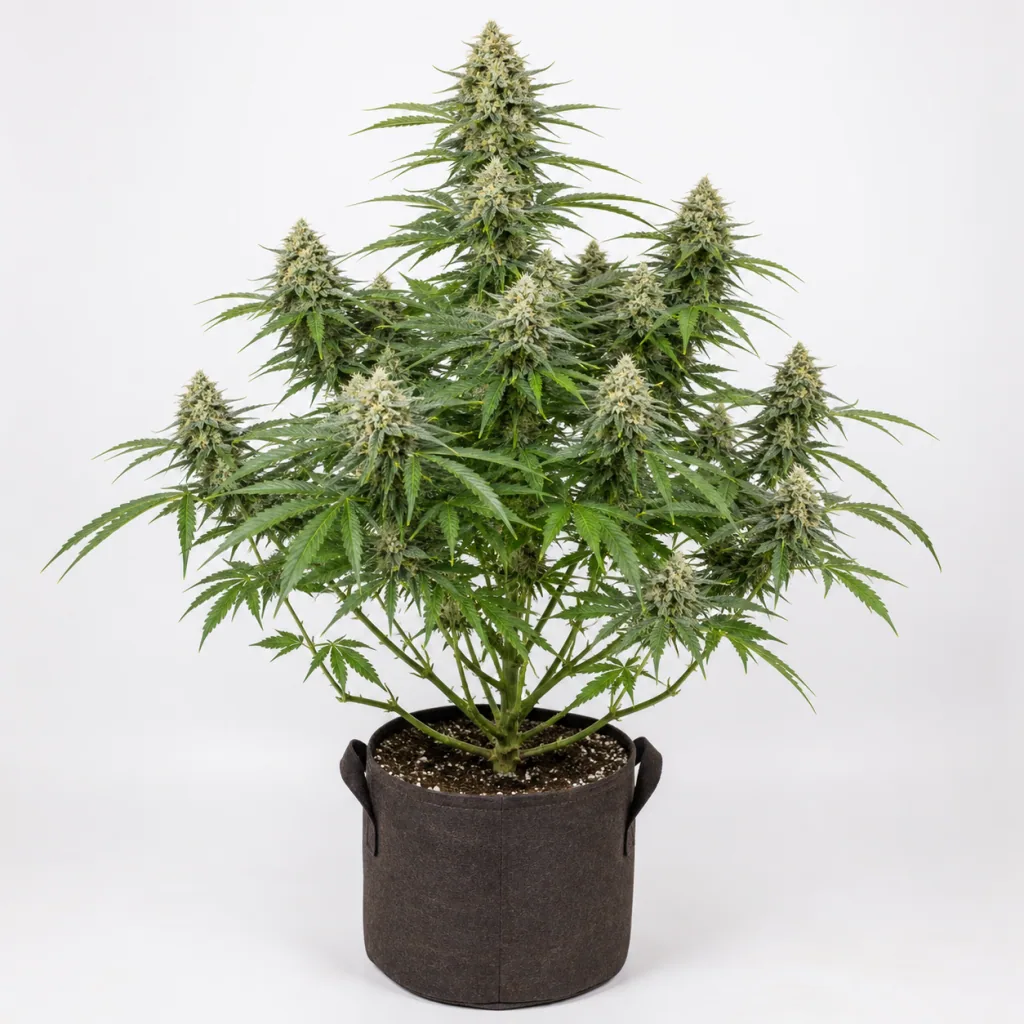 Planta de Girl Scout Cookies Feminizada en maceta de tela oscura, con varias ramas floridas y una cola central alta sobre fondo blanco.