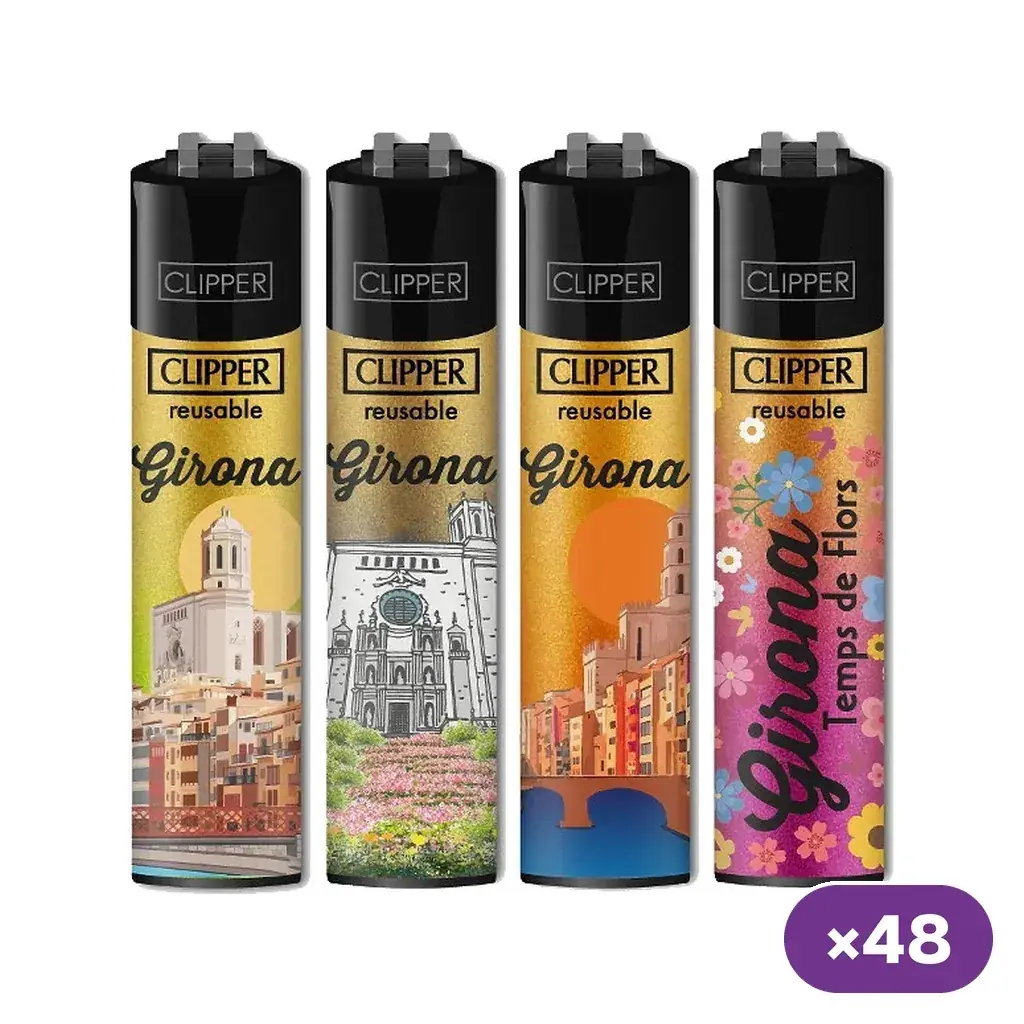 Encendedores Clipper Girona con distintos diseños de edificios, un puente y flores de Temps de Flors; distintivo de 48 unidades.