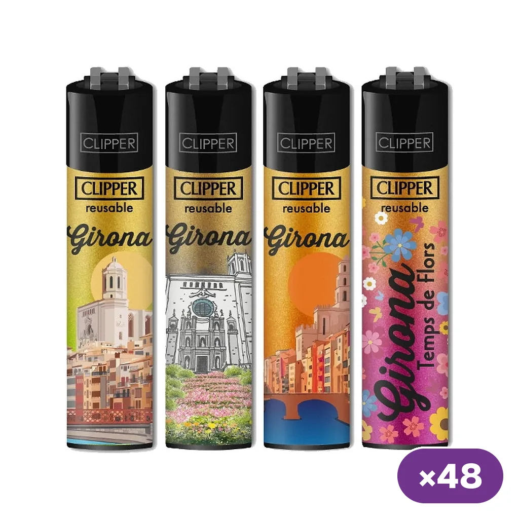 Encendedores Clipper Girona con distintos diseños de edificios, un puente y flores de Temps de Flors; distintivo de 48 unidades.