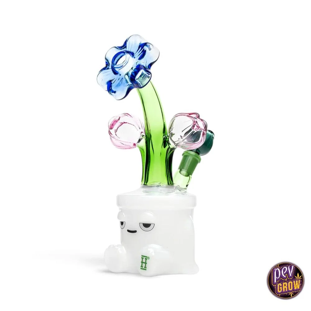Bong Bloom Hemper con base blanca en forma de maceta con rostro, tallo verde, flor azul y detalles florales rosas sobre fondo blanco.