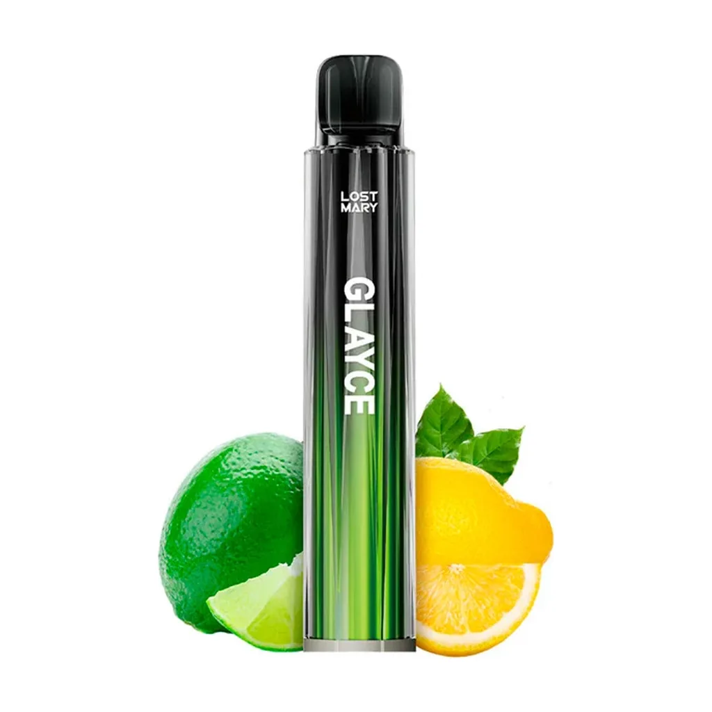Lost Mary Glayce Lemon Lime de cuerpo negro y verde, con boquilla negra, junto a una lima y un limón con porciones cortadas.