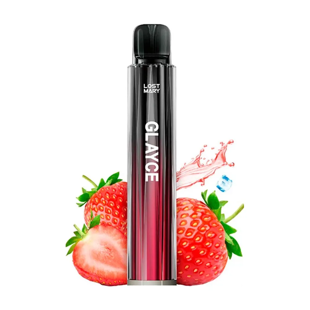 Vapeador Lost Mary Glayce negro con degradado rojo, colocado verticalmente entre fresas, con una salpicadura y hielo al fondo.