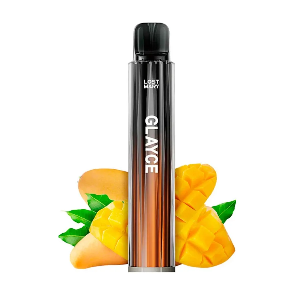 Vapeador Lost Mary Glayce con boquilla negra y cuerpo en degradado oscuro y naranja, rodeado de mangos cortados y hojas verdes.
