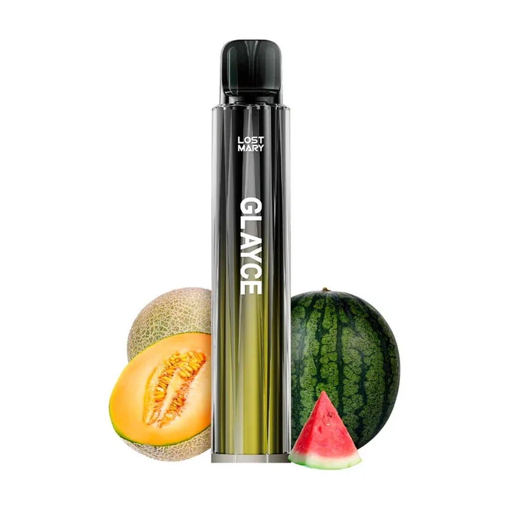 Dispositivo Glayce Lost Mary Triple Melon de cuerpo oscuro y verde, con boquilla negra, junto a melones y una rodaja de sandía.