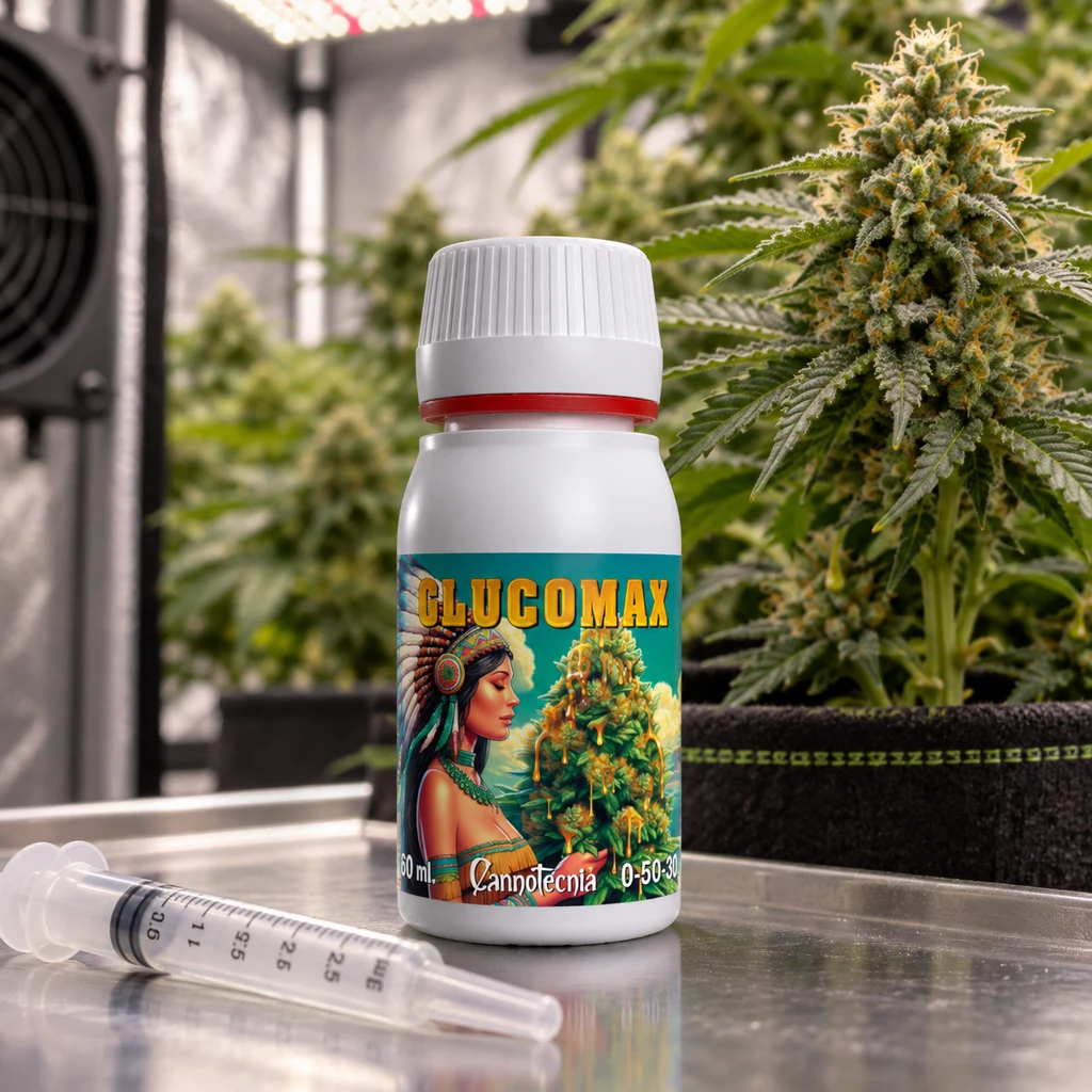 Bote blanco de Glucomax Cannotecnia con etiqueta ilustrada y una jeringa delante, junto a una planta de cannabis en floración.