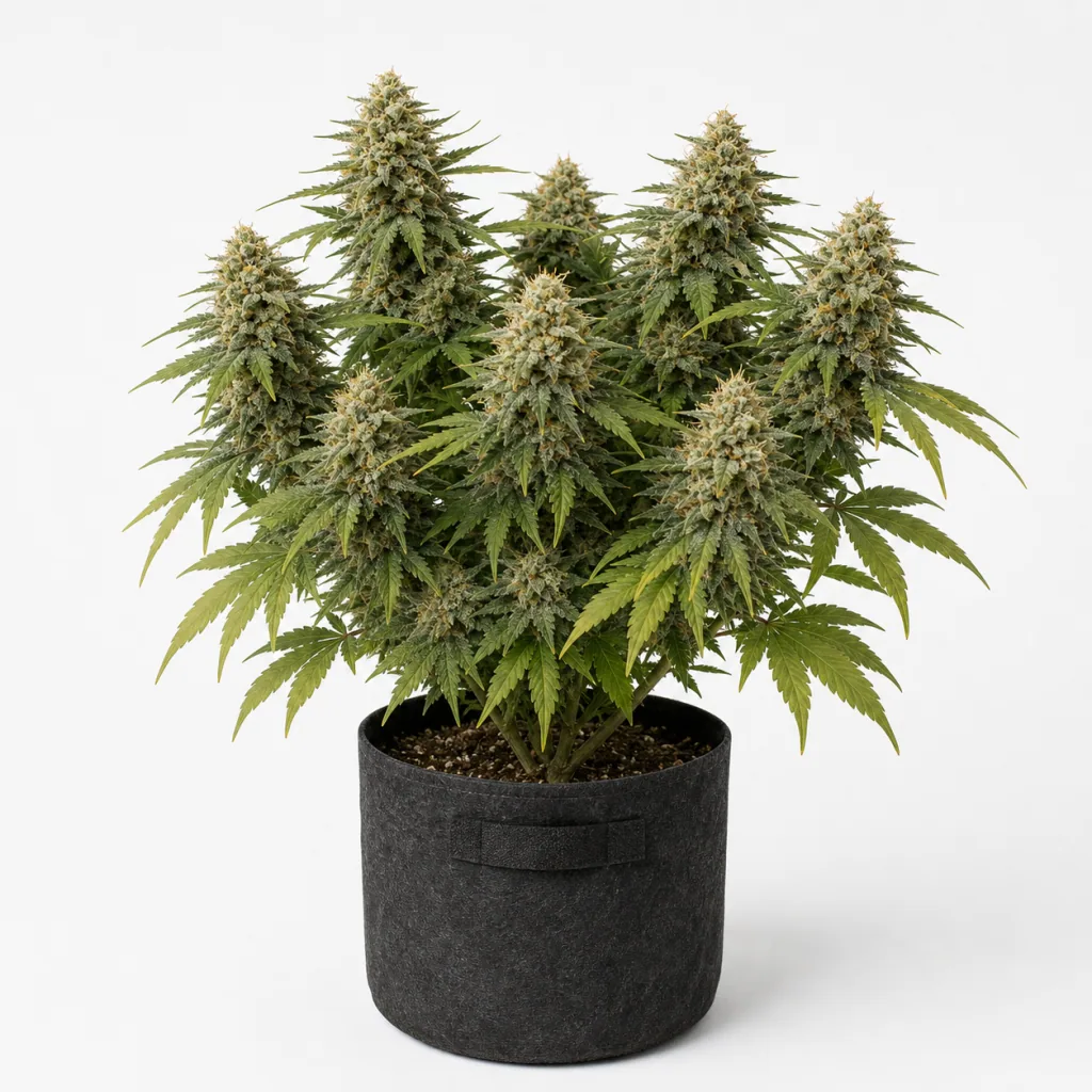Planta de GMO Fast Feminizada en maceta de tela negra, con numerosos cogollos alargados y hojas verdes sobre fondo blanco.