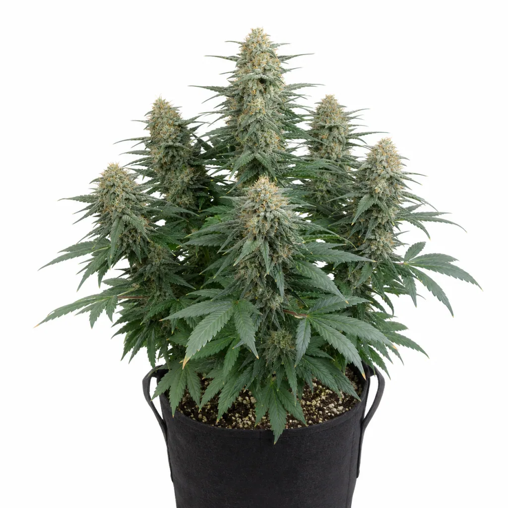 Planta de GOAT'lato Auto en floración, con varios cogollos y hojas verdes, en una maceta de tela negra con asas sobre fondo blanco.