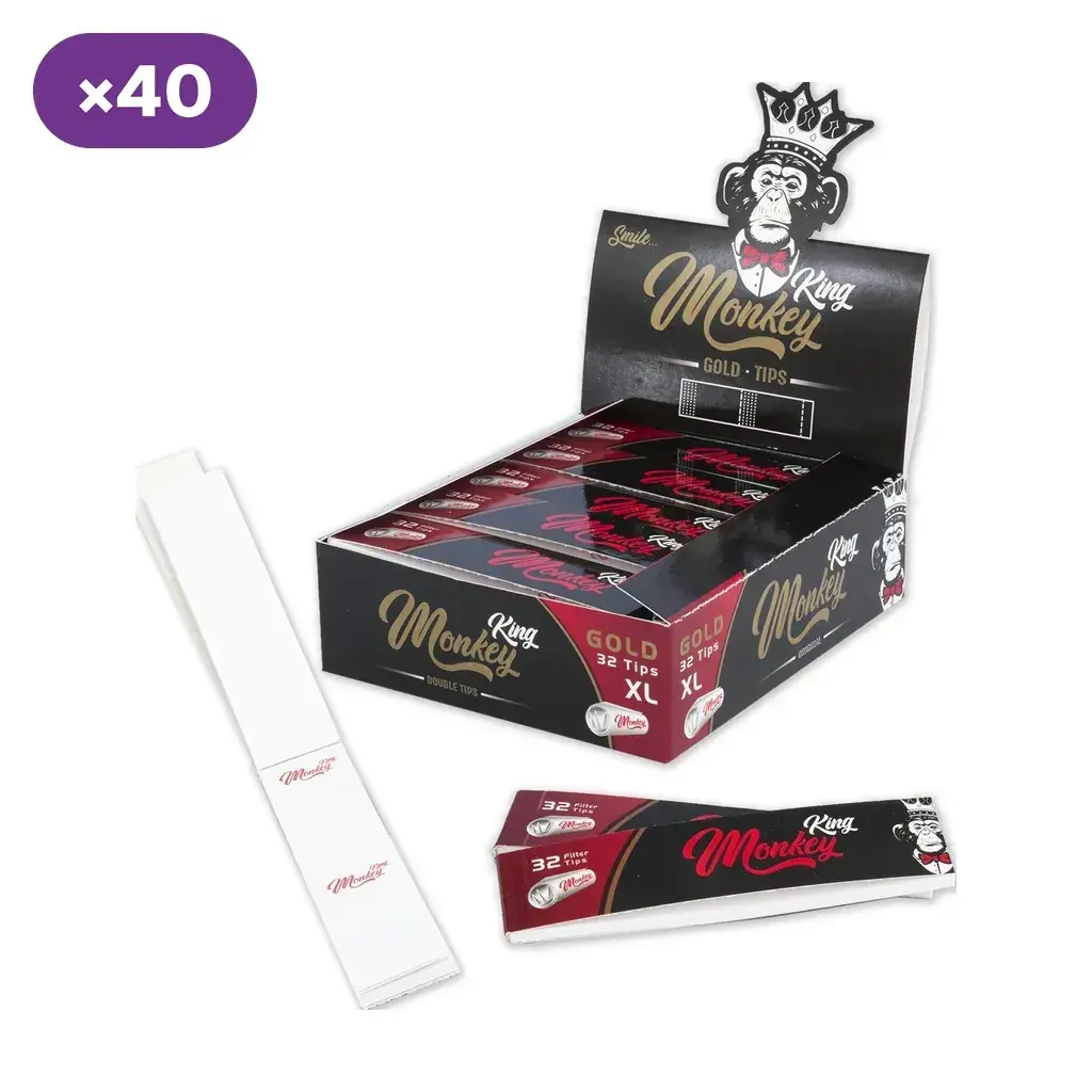Expositor Monkey King Gold XL negro y granate, con libritos de 32 tips y uno abierto que muestra las tiras blancas de cartón.