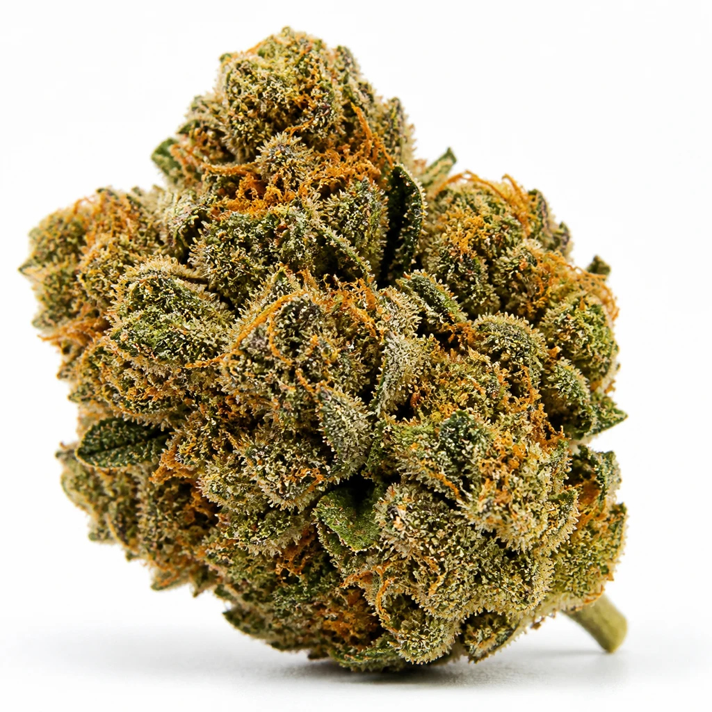 Ilustración de un cogollo compacto verde con pistilos anaranjados para la ficha de Goldmine Feminizada de Heavyweight Seeds.
