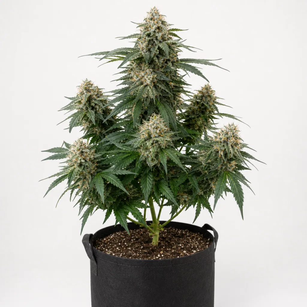Planta de Gordo Master Kush Feminizada en maceta textil negra, con una gran punta central y varias ramas laterales cargadas de cogollos.