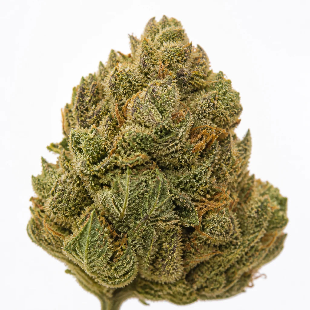 Ilustración de un cogollo verde con filamentos anaranjados y superficie escarchada para la ficha de Gorilla Cheese Feminizada de Expert Seeds.