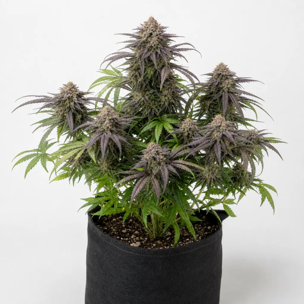 Planta de Gorilla Cookies FF en maceta negra, con varias colas florales y hojas verdes y moradas sobre fondo blanco.