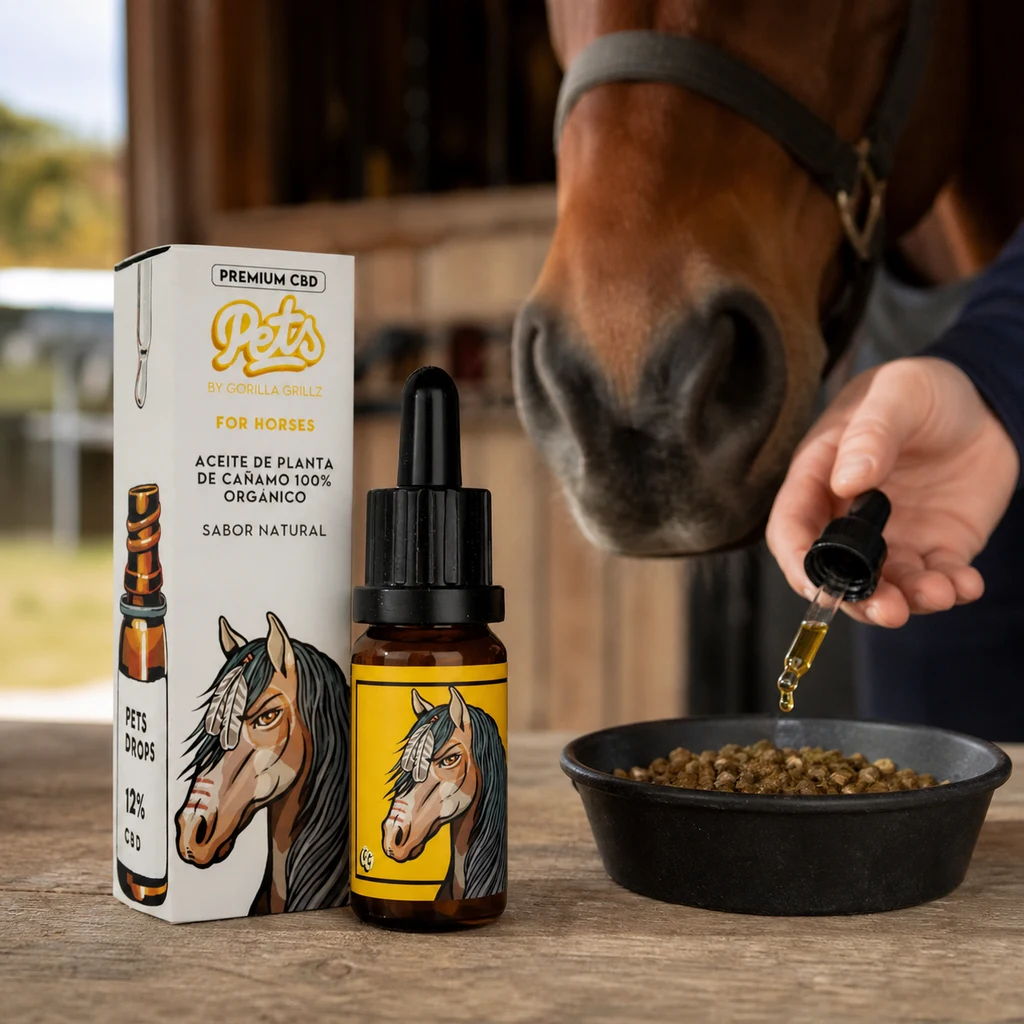 Frasco y caja de aceite Gorilla Grillz para caballos junto a un caballo y una mano con cuentagotas sobre un cuenco de alimento.