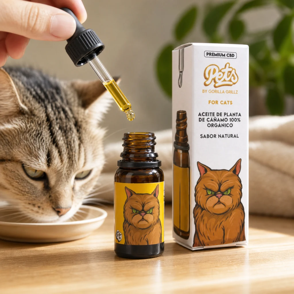 Una mano sostiene un cuentagotas con líquido dorado sobre un frasco de aceite de CBD para gatos, junto a su caja y un gato ante un cuenco.