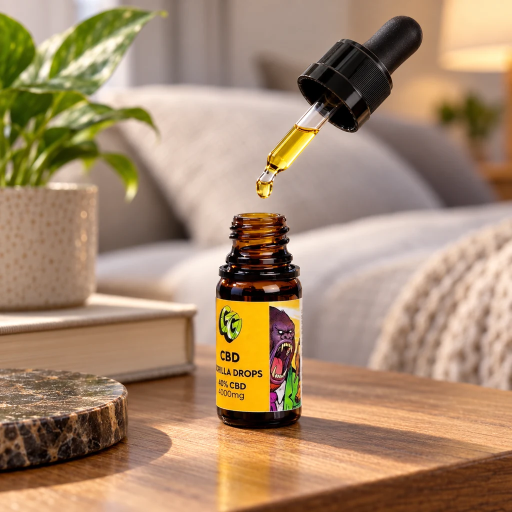 Frasco de aceite de CBD Gorilla Grillz 40% sobre una mesa, con un cuentagotas suspendido y una gota dorada sobre la abertura. Frasco de aceite de CBD Gorilla Grillz 40% sobre una mesa, con un cuentagotas suspendido y una gota dorada sobre la abertura.