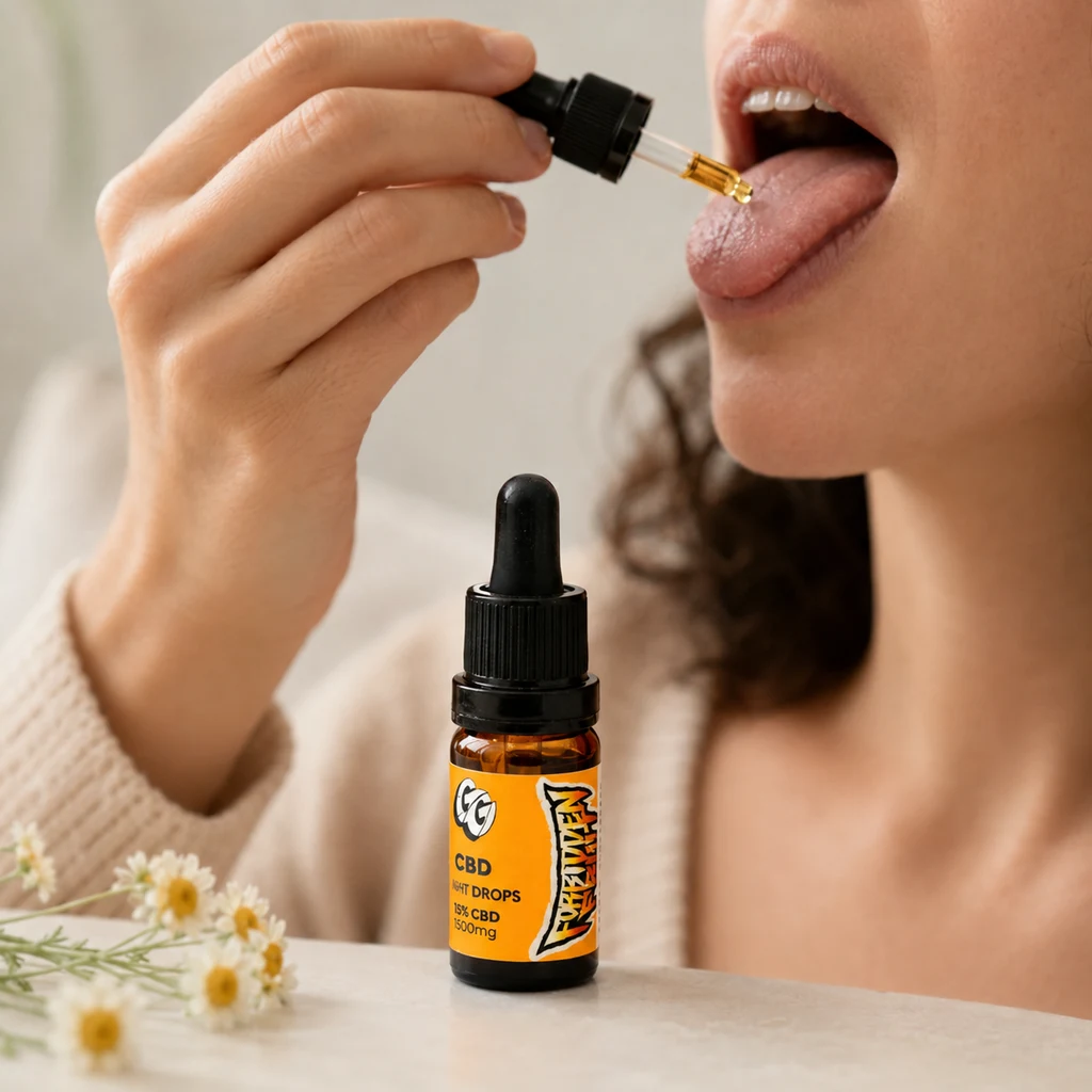Una persona acerca un cuentagotas con líquido dorado a la lengua; delante hay un frasco de aceite de CBD con etiqueta amarilla.