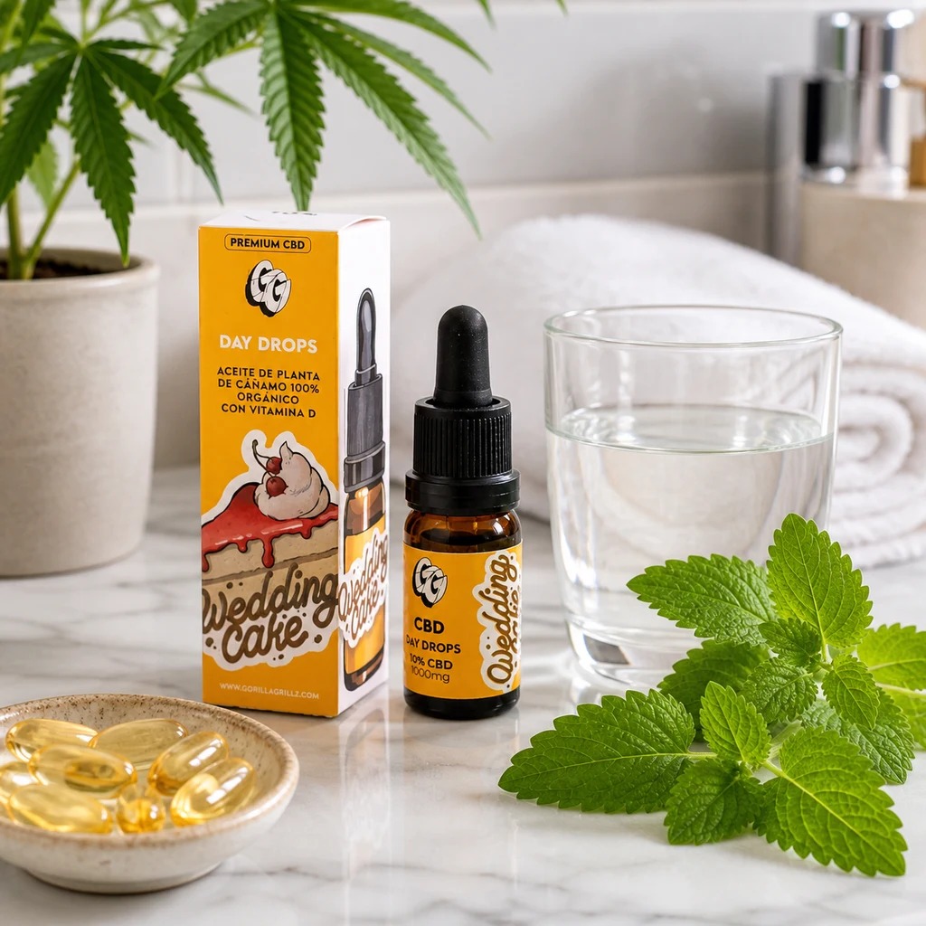 Frasco con cuentagotas y caja amarilla de CBD Wedding Cake, junto a un vaso de agua, cápsulas doradas y hojas verdes.