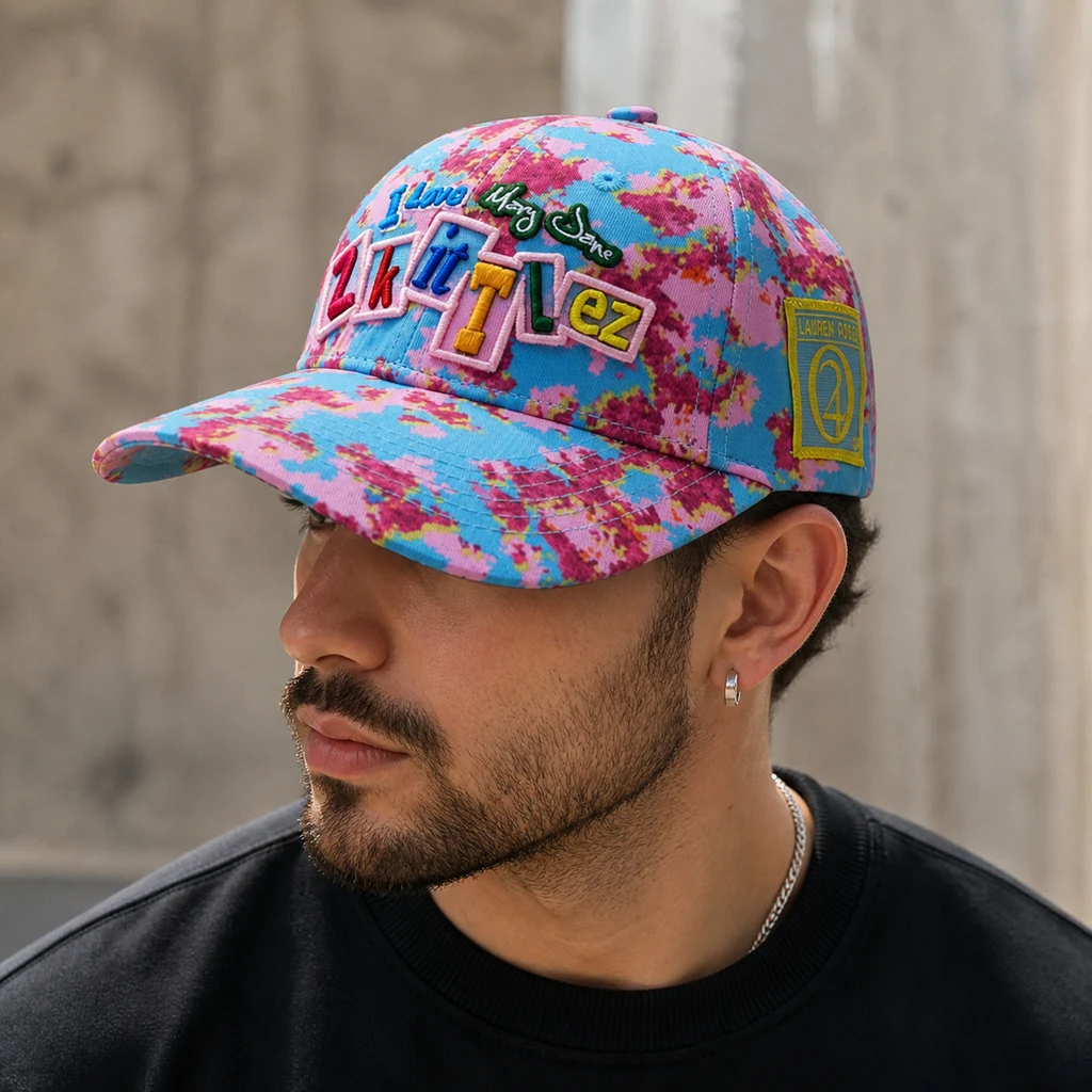 Hombre con gorra Zkittlez de visera curva, estampado multicolor y letras bordadas en relieve, en un retrato de perfil.