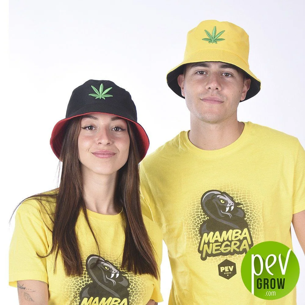 Modelos con sombreros de hoja de marihuana: uno negro con interior rojo y otro amarillo, ambos con camisetas amarillas Mamba Negra.