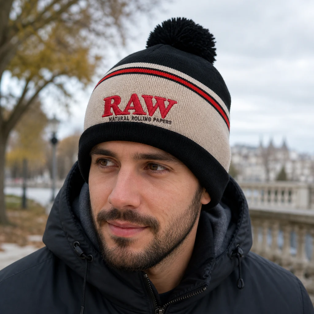 Hombre al aire libre con gorro RAW de pompón negro, franja beige, líneas rojas y logotipo rojo, vestido con chaqueta oscura. Hombre al aire libre con gorro RAW de pompón negro, franja beige, líneas rojas y logotipo rojo, vestido con chaqueta oscura.