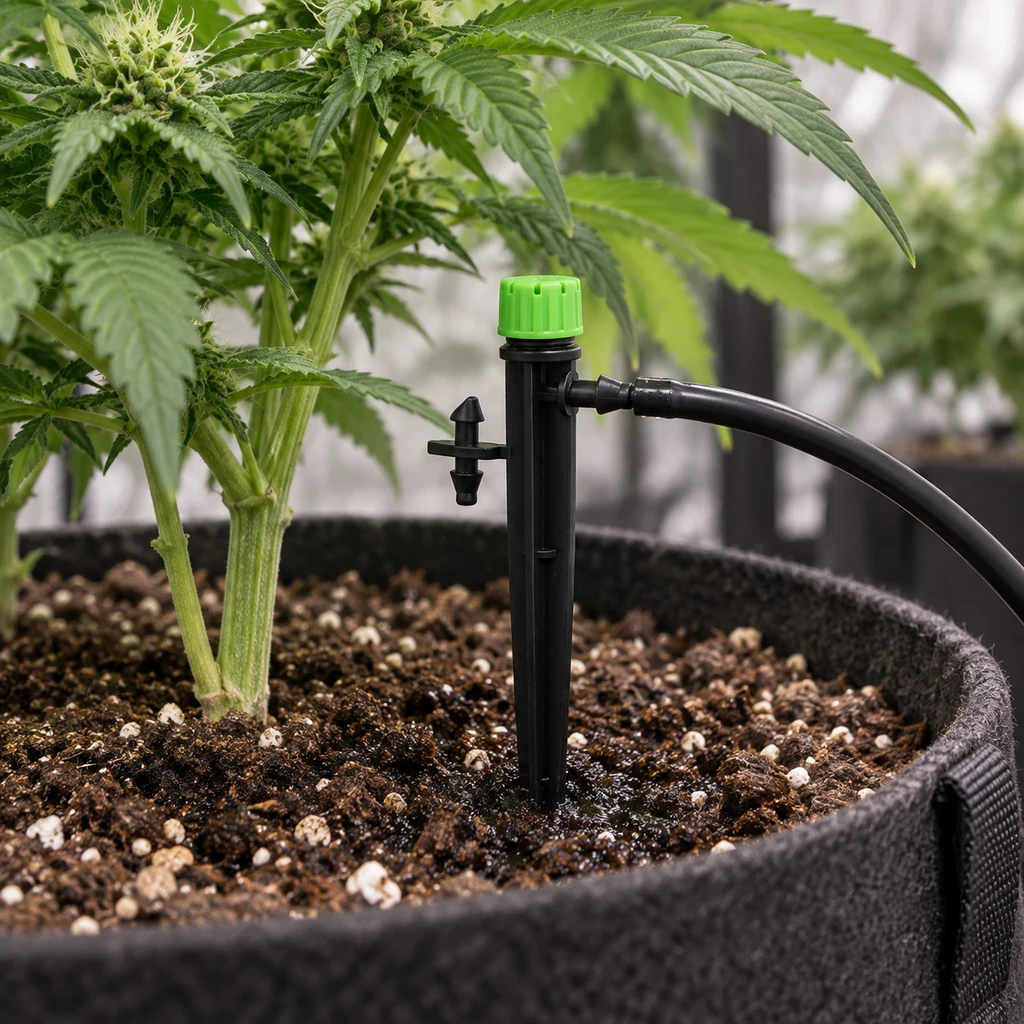 Piqueta negra con tapón verde y tubo lateral conectados, clavada en el sustrato de una maceta textil junto a una planta de cannabis.