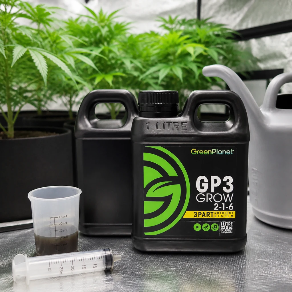 Envase negro de GP3 Grow Green Planet con etiqueta verde, junto a un vaso medidor y una jeringa, con plantas al fondo. Envase negro de GP3 Grow Green Planet con etiqueta verde, junto a un vaso medidor y una jeringa, con plantas al fondo.