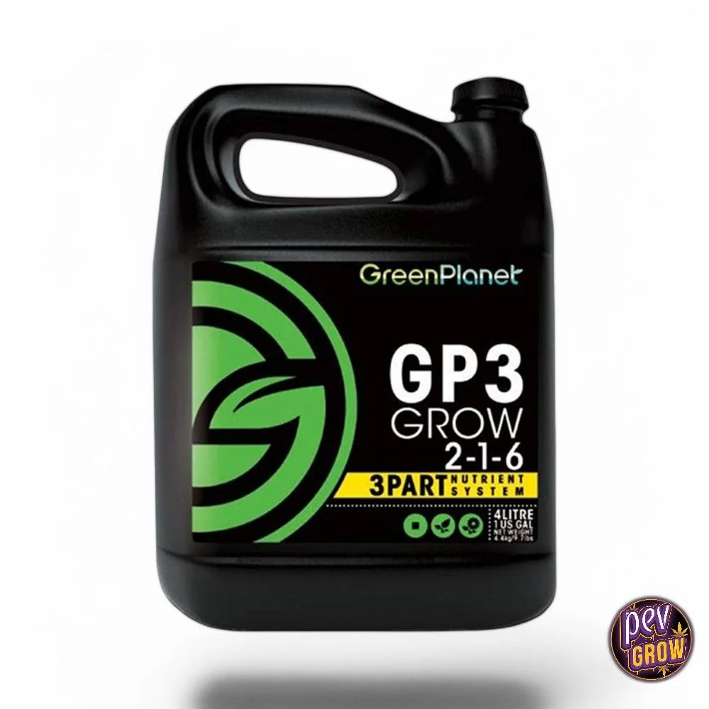 Garrafa negra de GP3 Grow Green Planet con asa, tapón y etiqueta verde y negra con la fórmula 2-1-6 y el volumen de 4 litros.