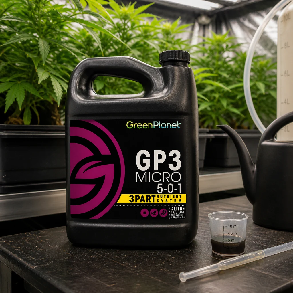 Escena generada de una garrafa GP3 Micro Green Planet con etiqueta 5-0-1, junto a un vaso dosificador, una pipeta y una regadera.