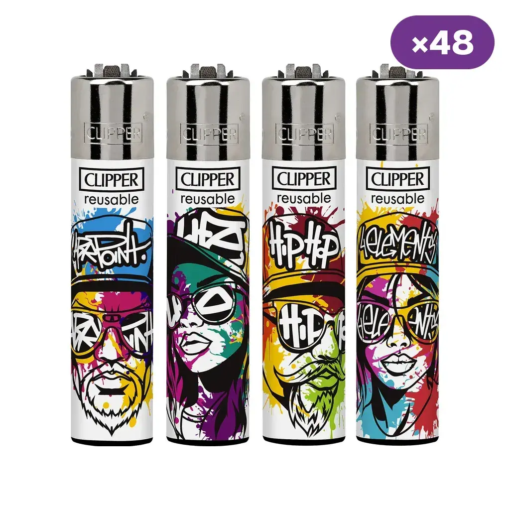 Selección de encendedores Clipper Graffiti Soul con retratos de colores y distintos diseños, junto al distintivo «×48».