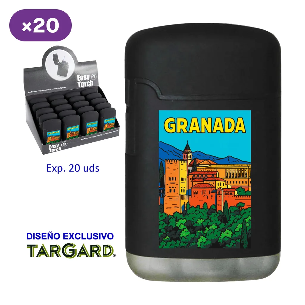 Encendedor negro con ilustración de la Alhambra y texto Granada, junto a un expositor de varias unidades y la indicación de 20 unidades.