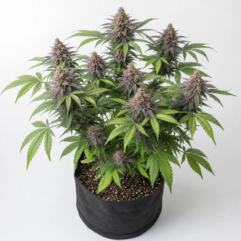 Planta de Good Wild Shark Auto en maceta textil negra, con hojas verdes y varios cogollos de tonos morados, sobre fondo claro.