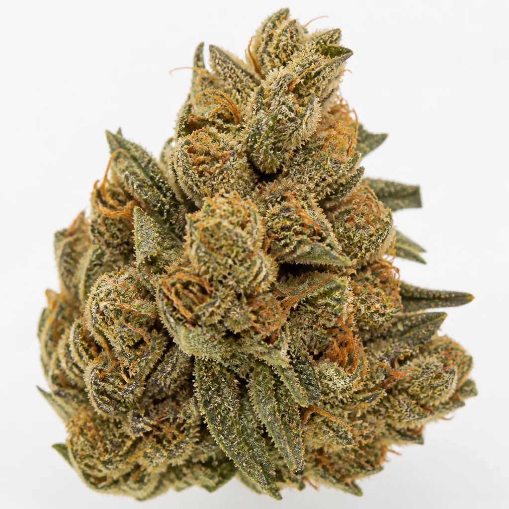 Ilustración de un cogollo verde con filamentos anaranjados para la ficha de Great White Shark Feminizada de Green House Seeds.